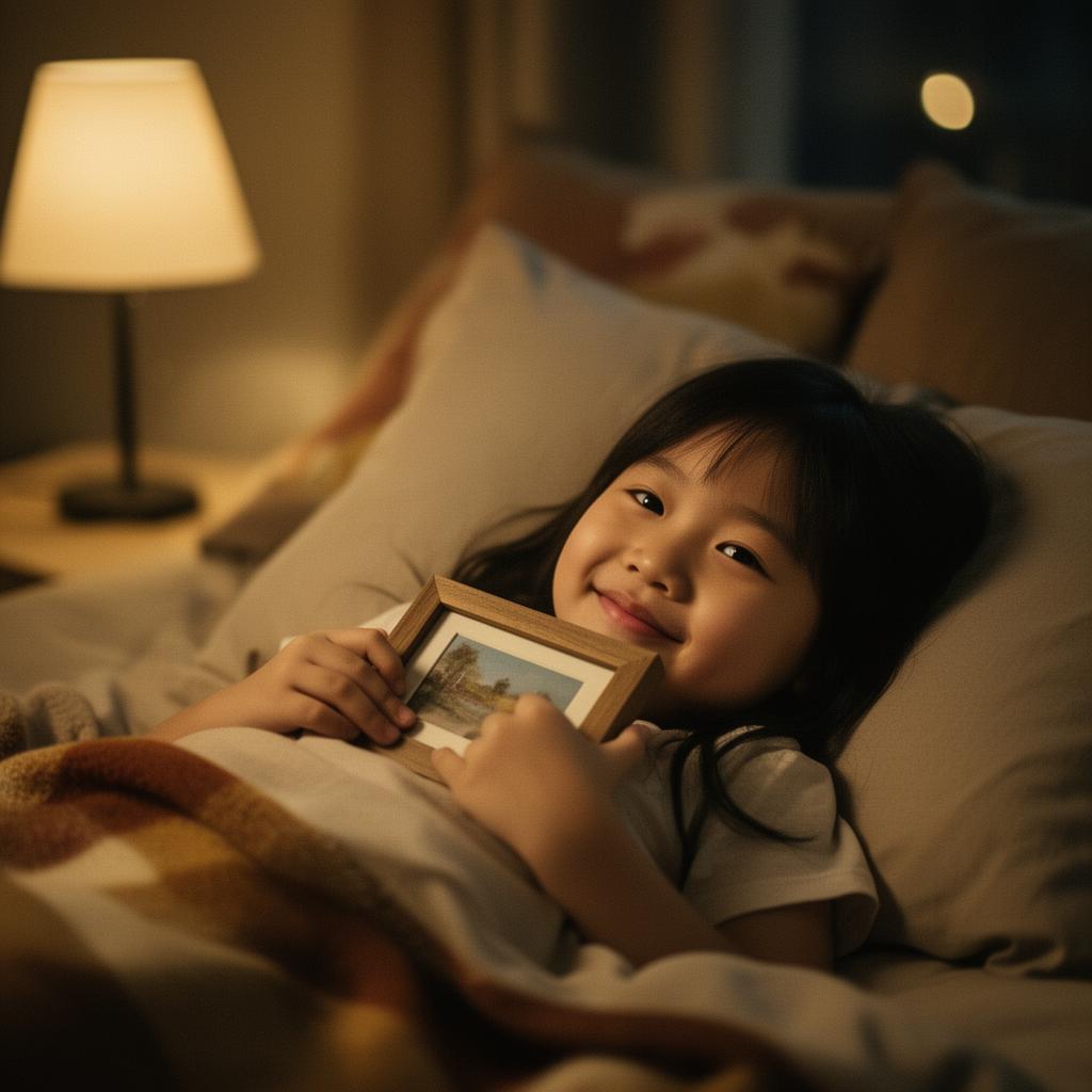 A young girl resting peacefully in bed under warm bedside lamp light