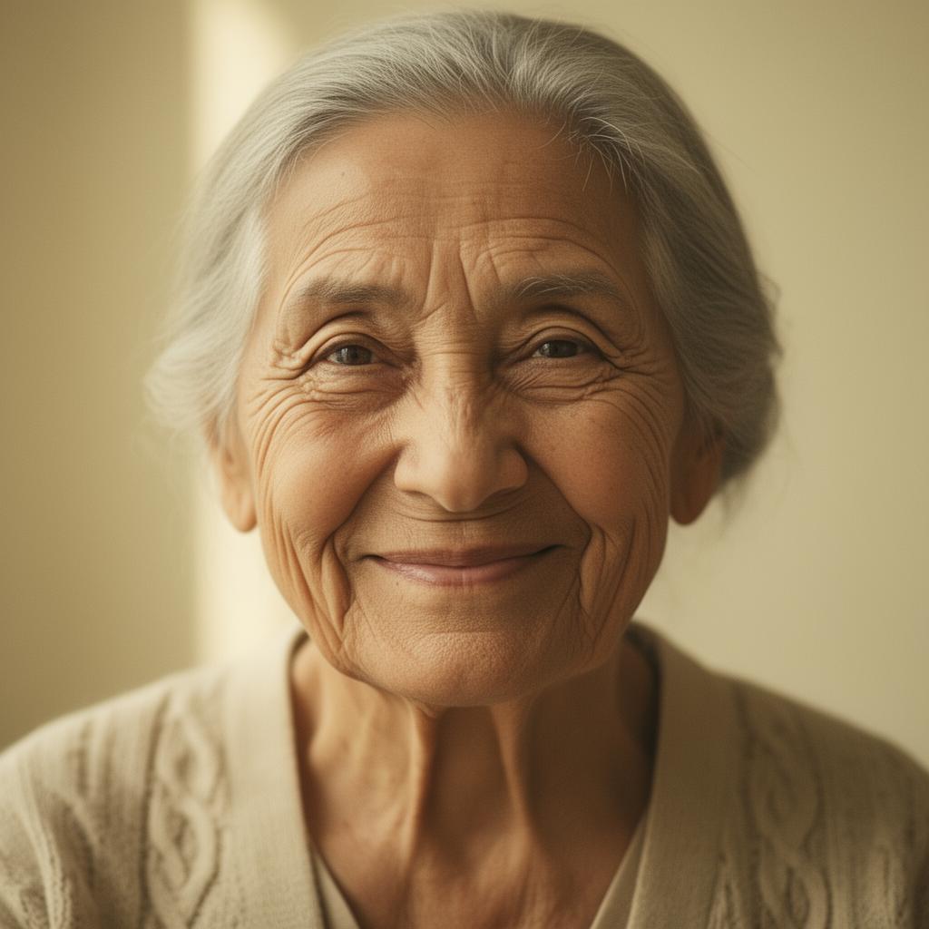 A warm portrait of a grandmother smiling gently