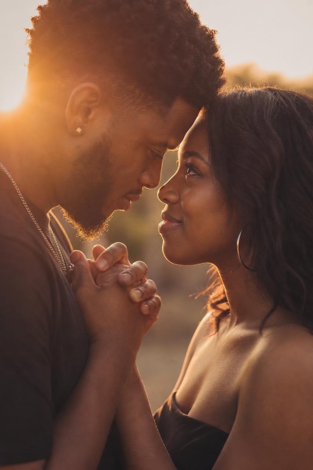 A young couple in an intimate moment in warm golden-hour light