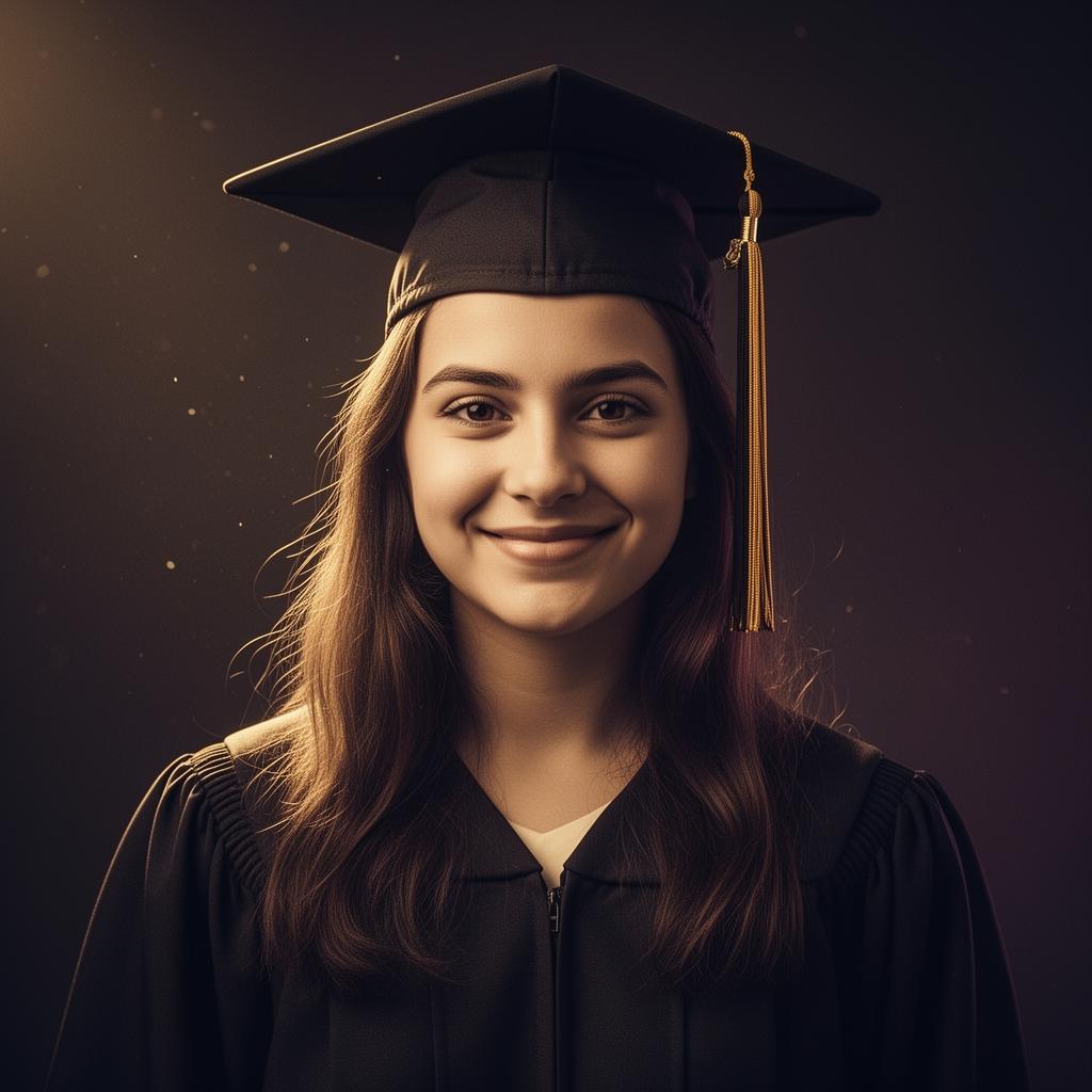A graduate smiling softly in cap and gown